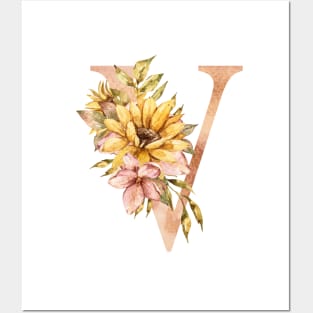 Watercolor sunflower bouquet monogram letter V Posters and Art